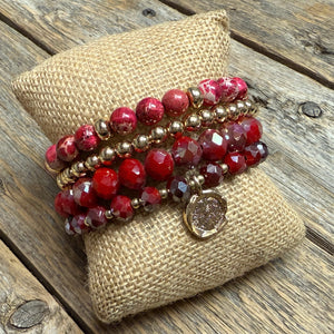 Stretchy Beaded Bracelet Set | Berry Red Mix Gold