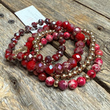 Stretchy Beaded Bracelet Set | Berry Red Mix Gold