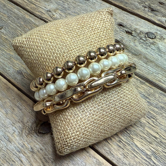 Stretchy Beaded Bracelet Set | Pearl/Chain/Gold