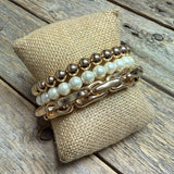 Stretchy Beaded Bracelet Set | Pearl/Chain/Gold