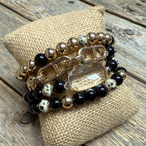 Stretchy Beaded Bracelet Set | Black Gold Chain Link