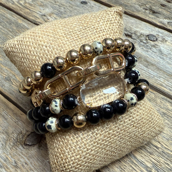 Stretchy Beaded Bracelet Set | Black Gold Chain Link