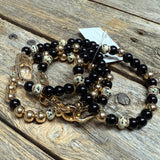 Stretchy Beaded Bracelet Set | Black Gold Chain Link