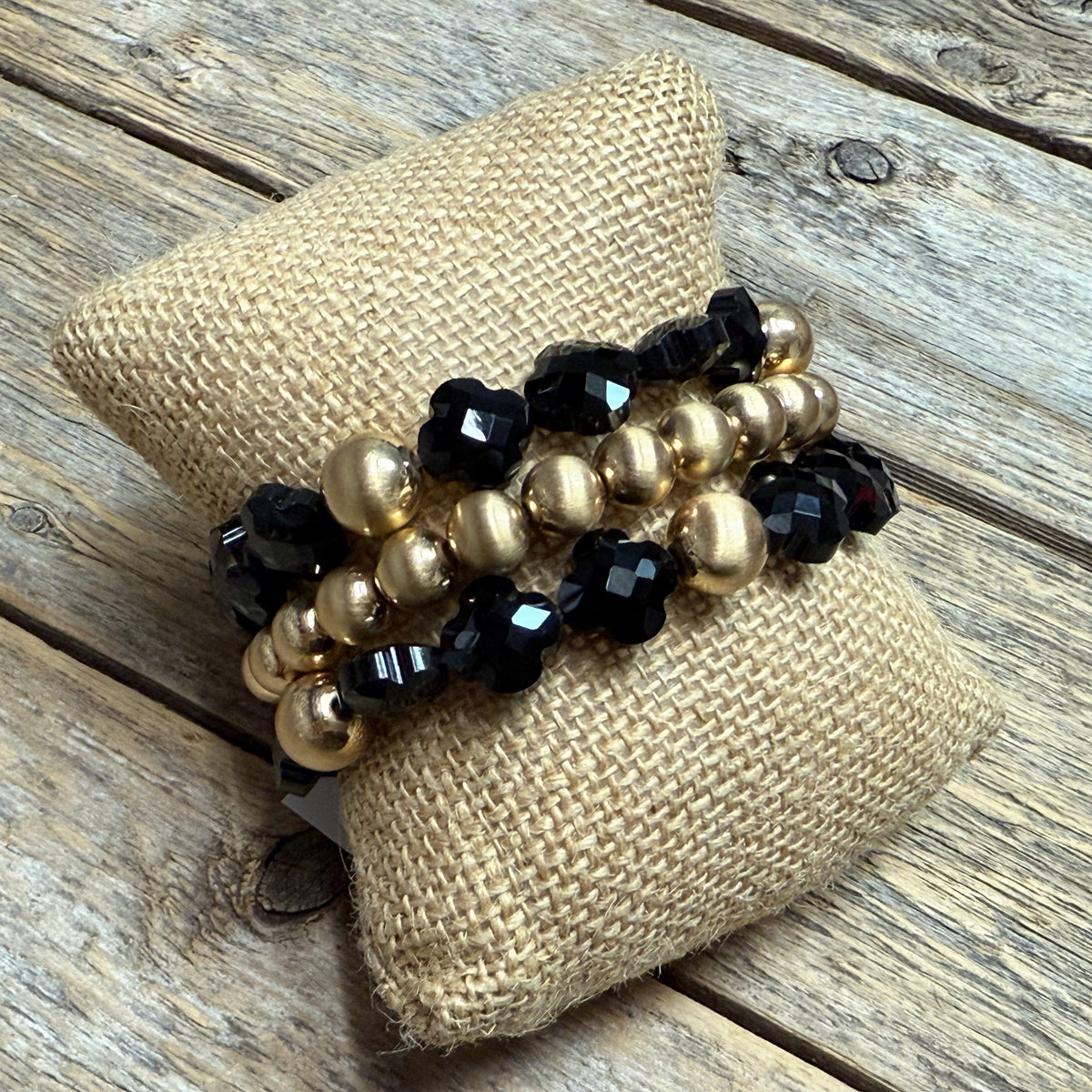 Stretchy Beaded Bracelet Set | Black Satin Gold Mix