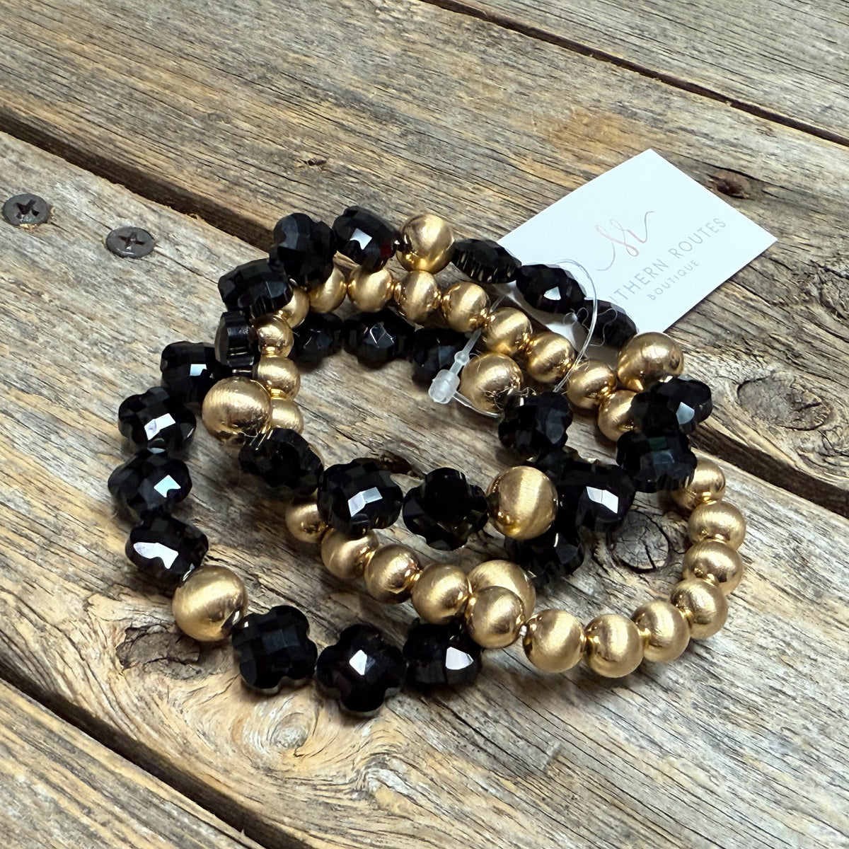 Stretchy Beaded Bracelet Set | Black Satin Gold Mix