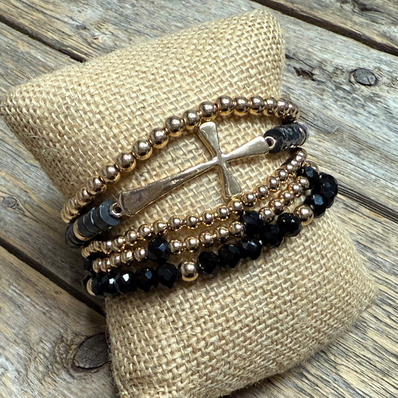 Stretchy Beaded Bracelet Set | Black Gold Mix