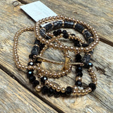 Stretchy Beaded Bracelet Set | Black Gold Mix