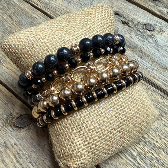 Stretchy Beaded Bracelet Set | Black Gold Chain Mix