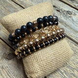 Stretchy Beaded Bracelet Set | Black Gold Chain Mix