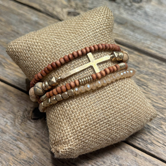 Stretchy Beaded Bracelet Set | Brown Mix/Gold Cross
