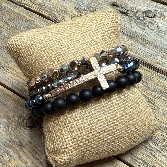Stretchy Beaded Bracelet Set | Black Mix/Gold Cross