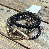 Stretchy Beaded Bracelet Set | Black Mix/Gold Cross