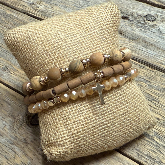 Stretchy Beaded Bracelet Set | Brown Mix/Gold Cross