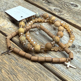 Stretchy Beaded Bracelet Set | Brown Mix/Gold Cross