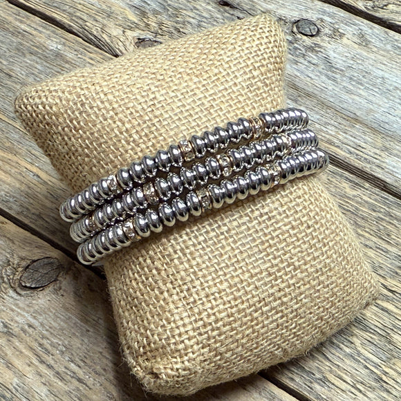 Stretchy Beaded Bracelet Set | Silver/Crystal Accent