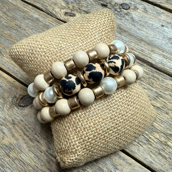 Stretchy Beaded Bracelet Set | Cream Leopard