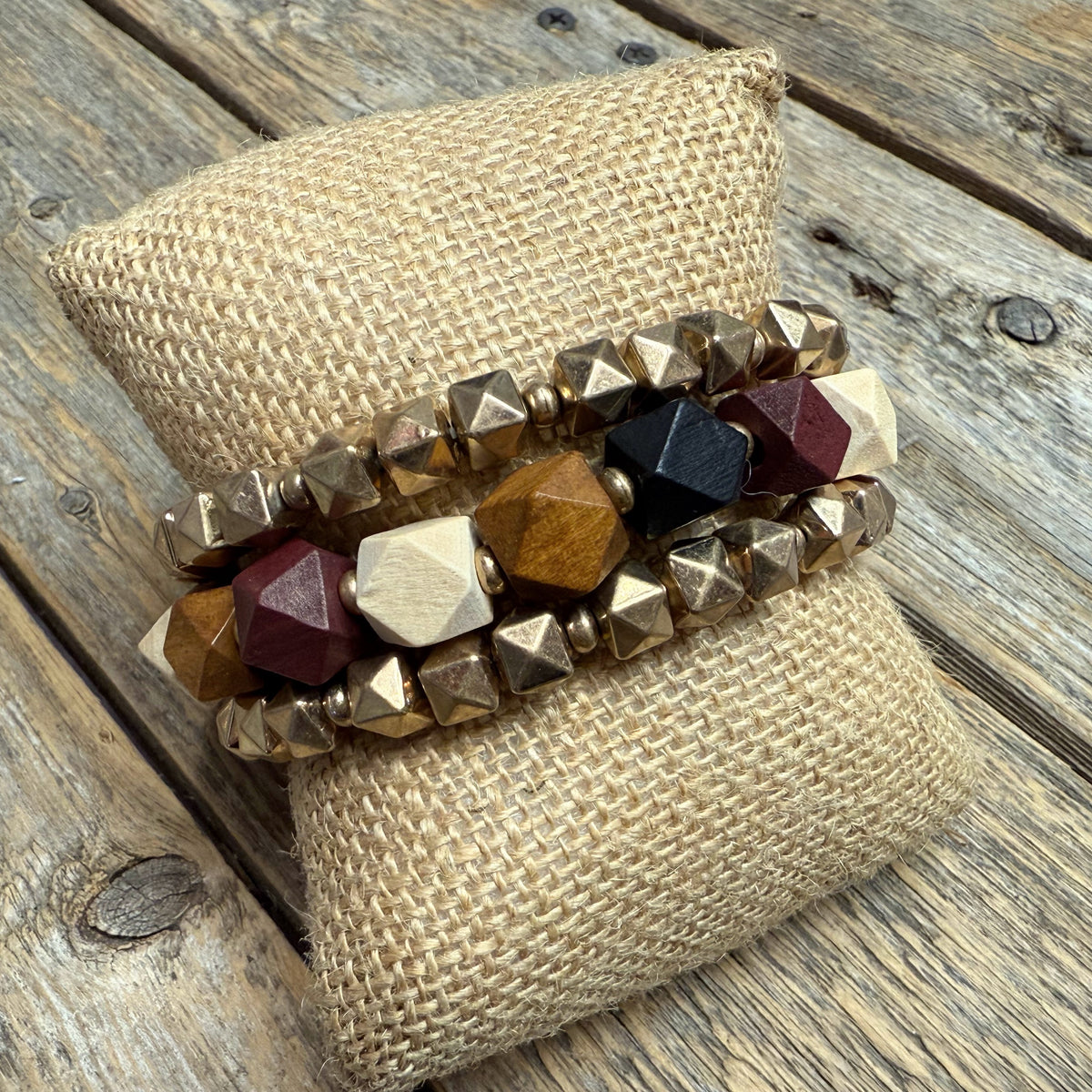 Stretchy Beaded Bracelet Set | Wood Burgundy Gold Mix
