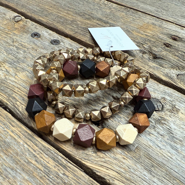 Stretchy Beaded Bracelet Set | Wood Burgundy Gold Mix