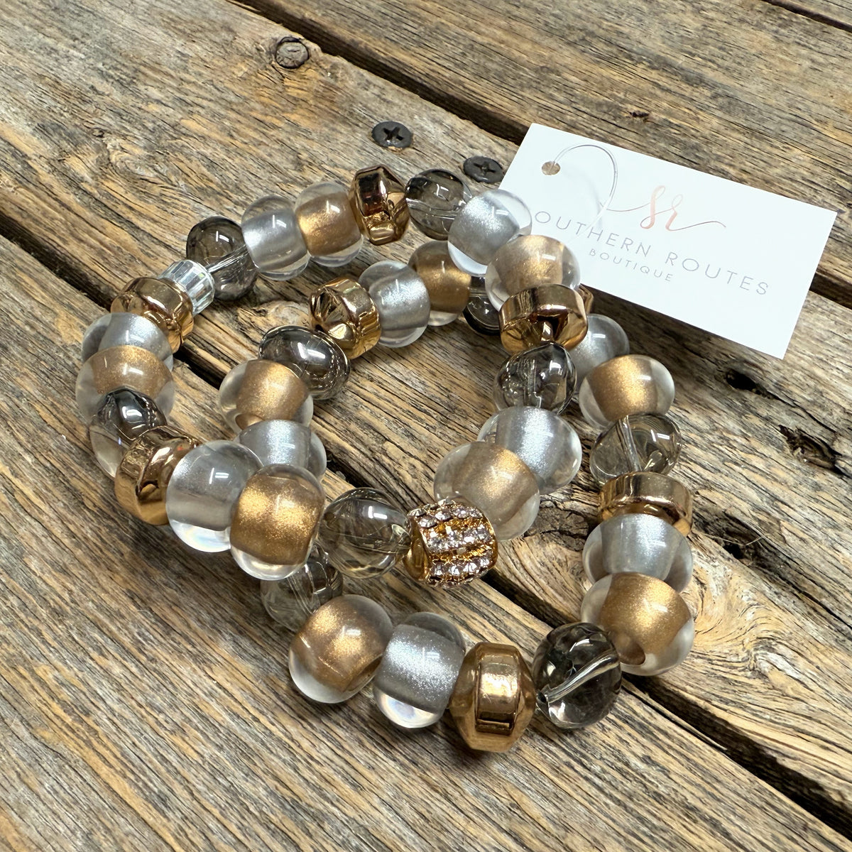 Stretchy Beaded Bracelet Set | Chunky Silver Gold Crystal