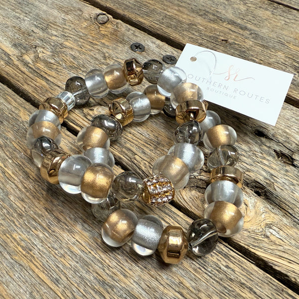 Stretchy Beaded Bracelet Set | Chunky Silver Gold Crystal