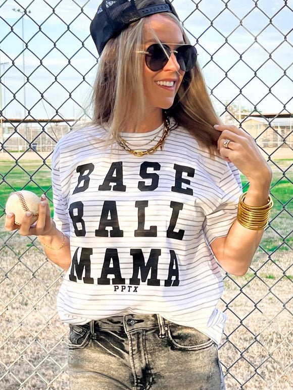 Baseball Mama Neutral Stripe Tee | White