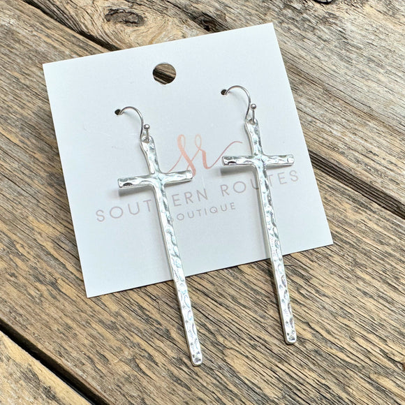 Hammered Cross Earrings | Silver