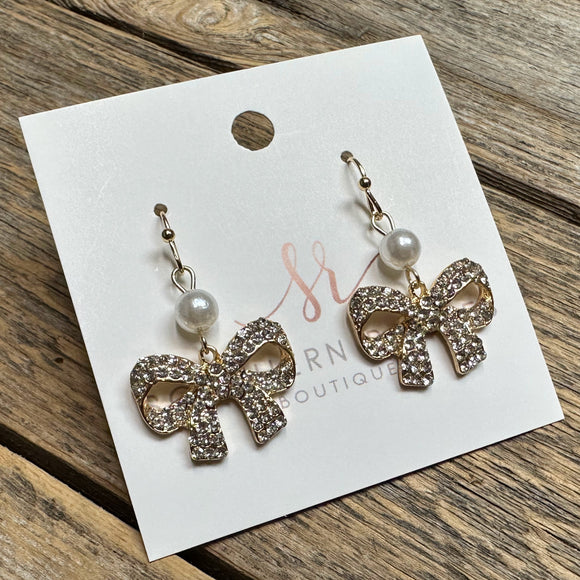 Pearl Accent Crystal Bow Earrings | Gold