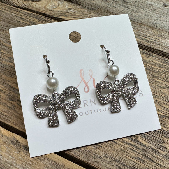 Pearl Accent Crystal Bow Earrings | Silver