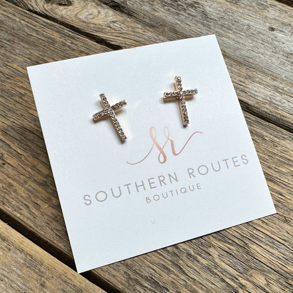 Rhinestone Cross Stud Earrings | Gold