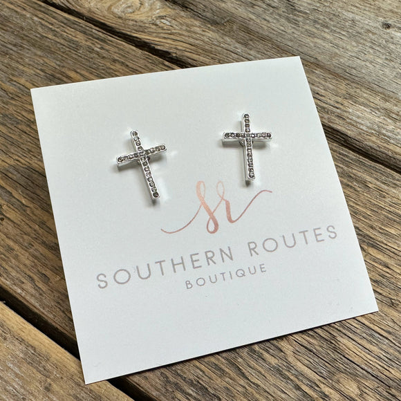 Rhinestone Cross Stud Earrings | Silver