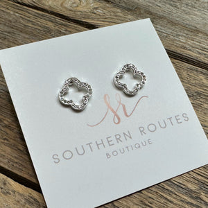 Rhinestone Hollow Clover Stud Earrings | Silver