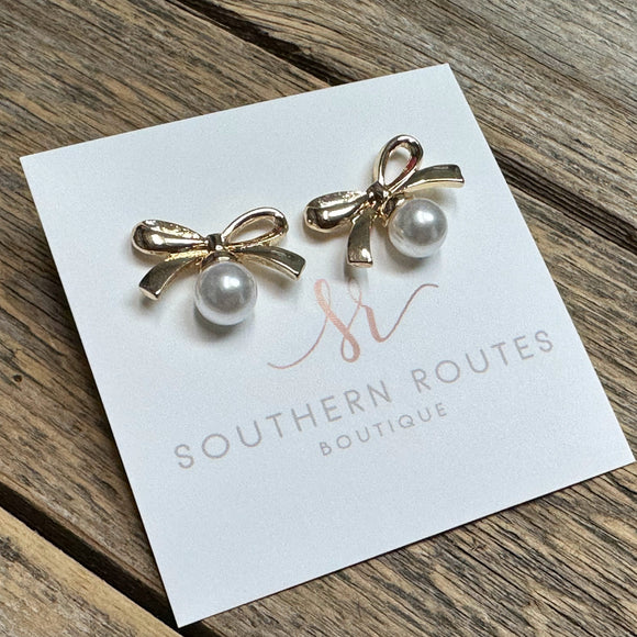 Pearl Bow Stud Earrings | Gold