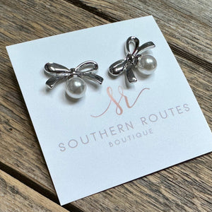 Pearl Bow Stud Earrings | Silver