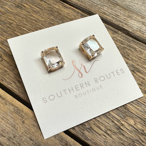 Cushion Cut Rhinestone Stud Earrings | Clear+Gold