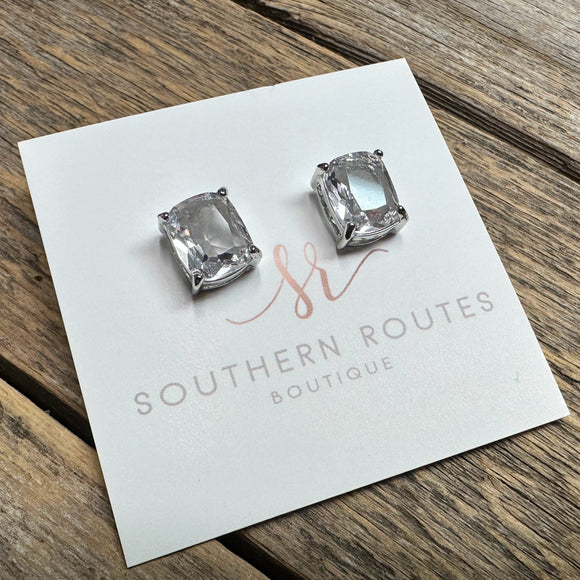 Cushion Cut Rhinestone Stud Earrings | Clear+Silver