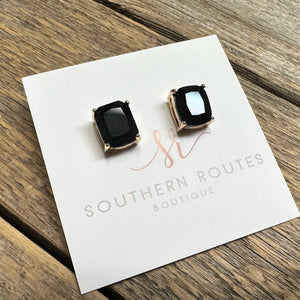 Cushion Cut Rhinestone Stud Earrings | Black+Gold