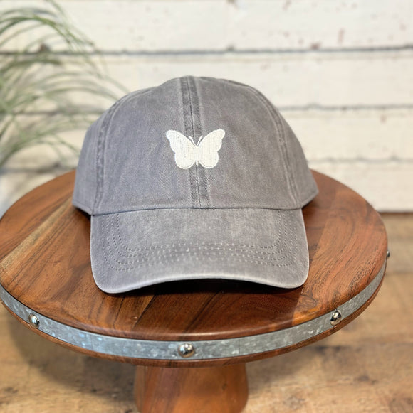 Butterfly Embroidered Cap | Grey