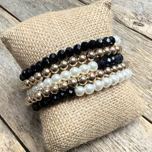 Beaded Stretch Bracelet Set | Black+Pearl