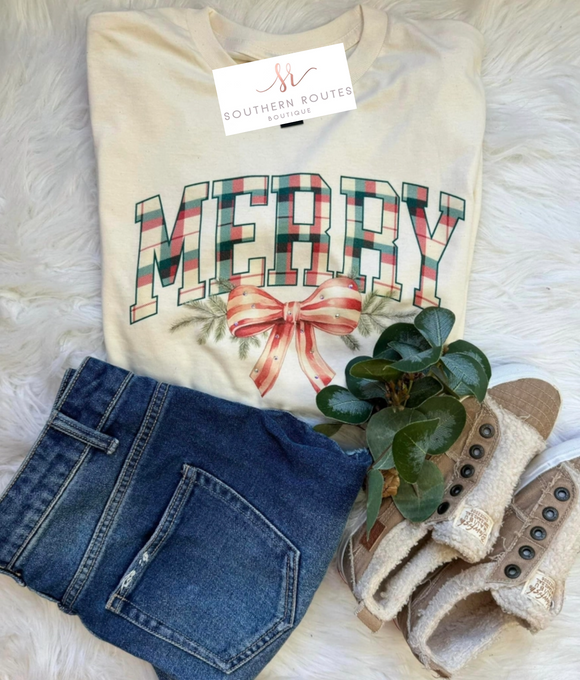 Merry Bedazzled Crystal Bow Tee | Natural