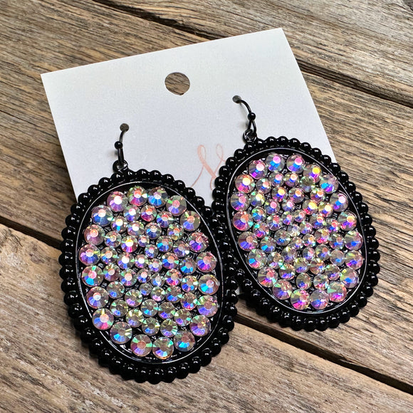 Rhinestone Oval Western Earrings | Black/AB