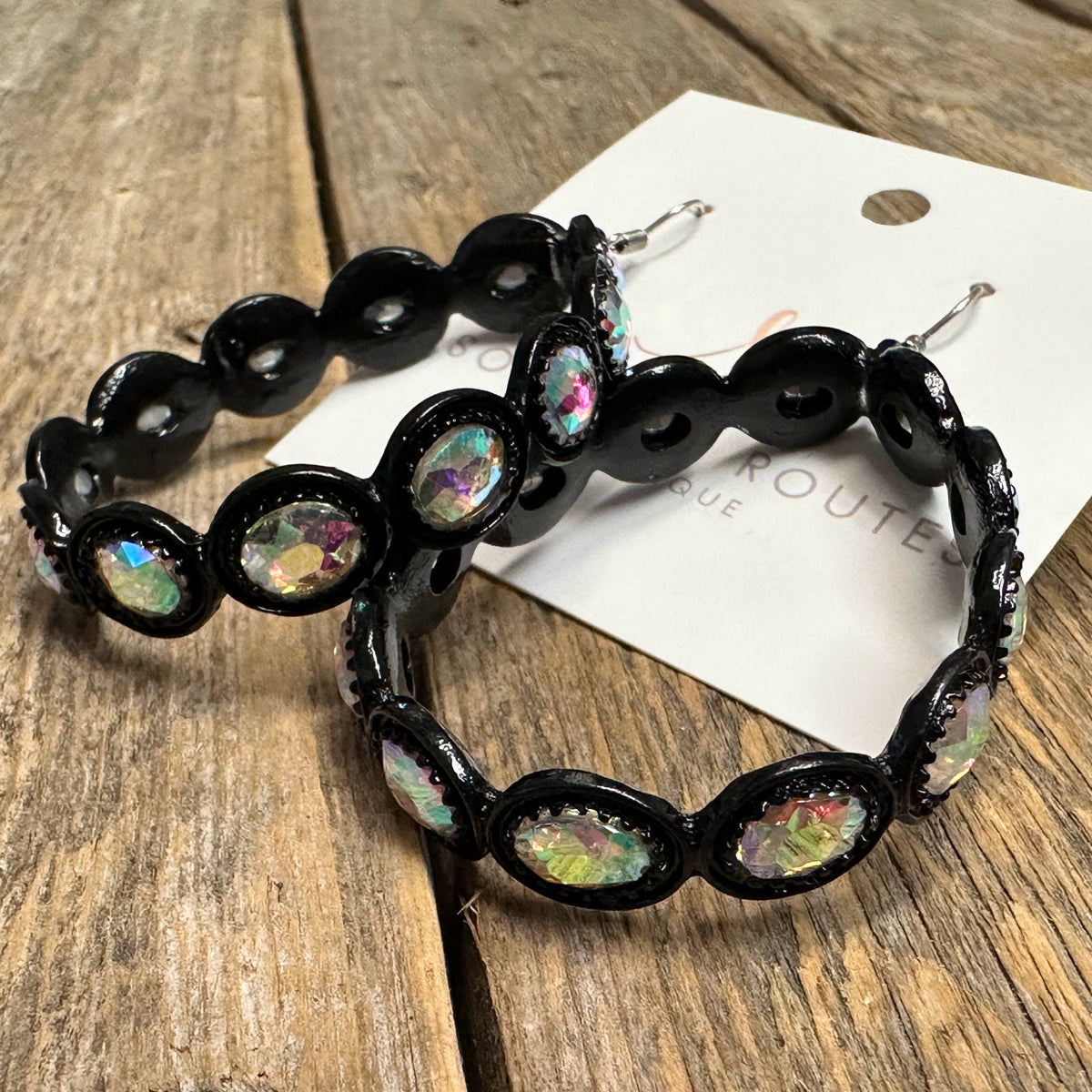 Rhinestone AB Outlined Metal Western Earrings | Black