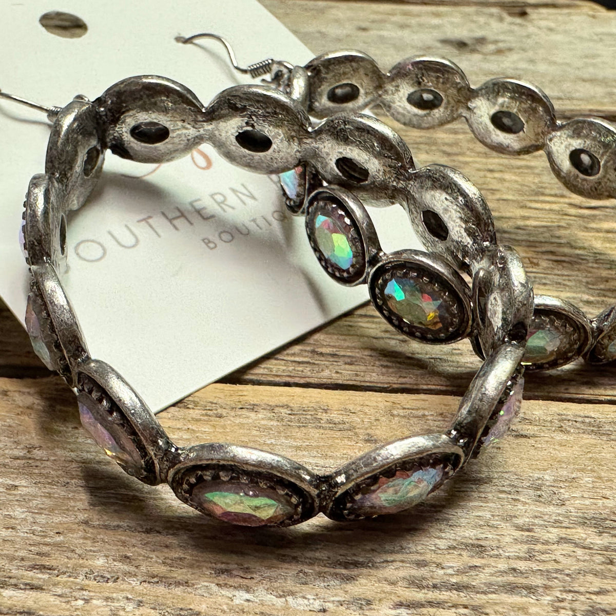 Rhinestone AB Outlined Metal Western Earrings | Silver