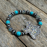 Texas Rhinestone Western Stretch Bracelet | Silver/Turquoise