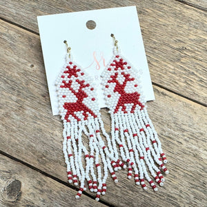 Reindeer Seed Bead Earrings | Red+White