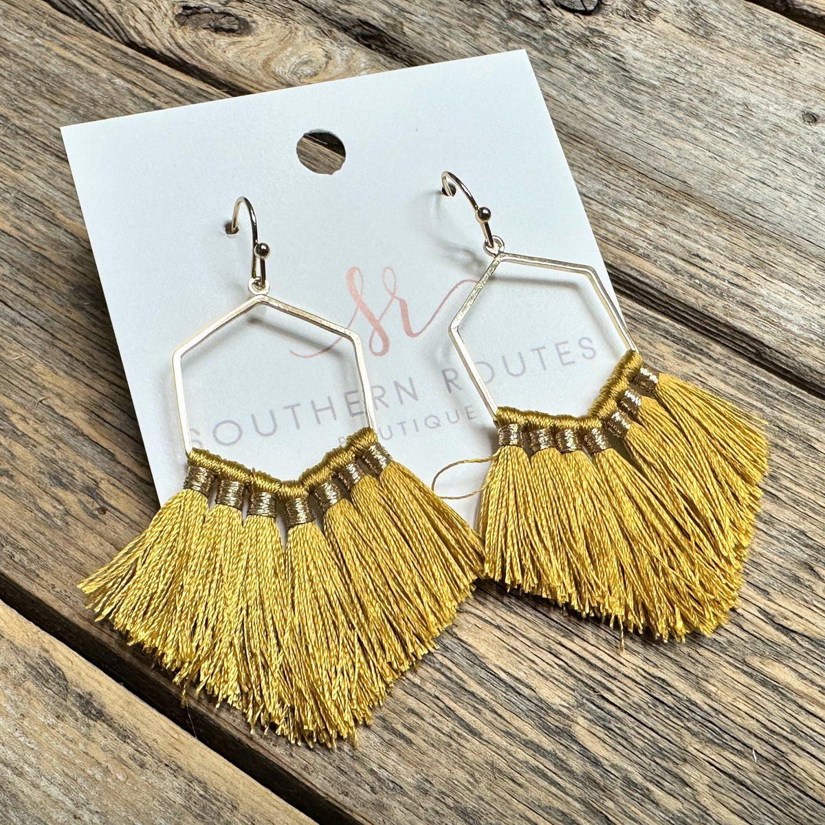 Hexagon Fringe Earrings | Mustard