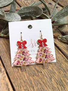 Beaded Crystal Tree Bow Earrings | Pink/Red