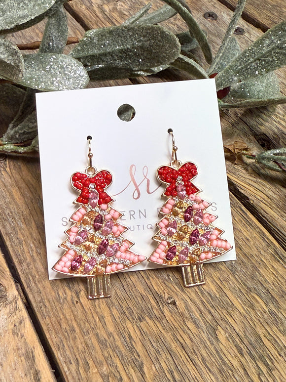 Beaded Crystal Tree Bow Earrings | Pink/Red