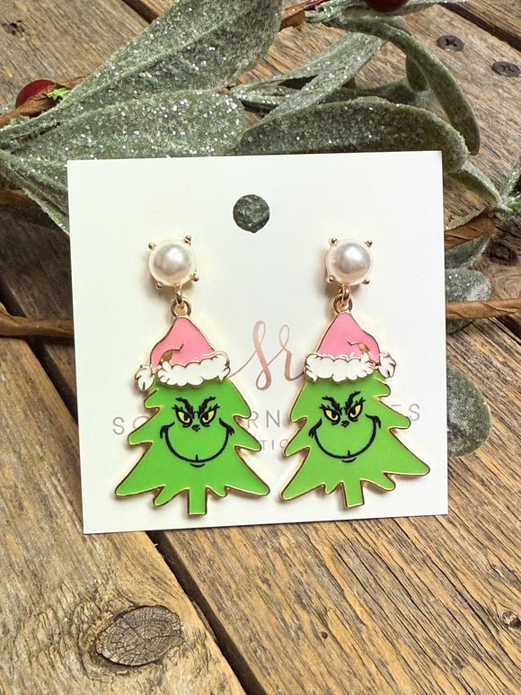 Grinch Christmas Tree Pearl Earrings | Pink