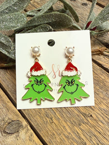 Grinch Christmas Tree Pearl Earrings | Red