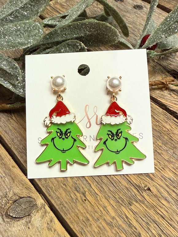 Grinch Christmas Tree Pearl Earrings | Red